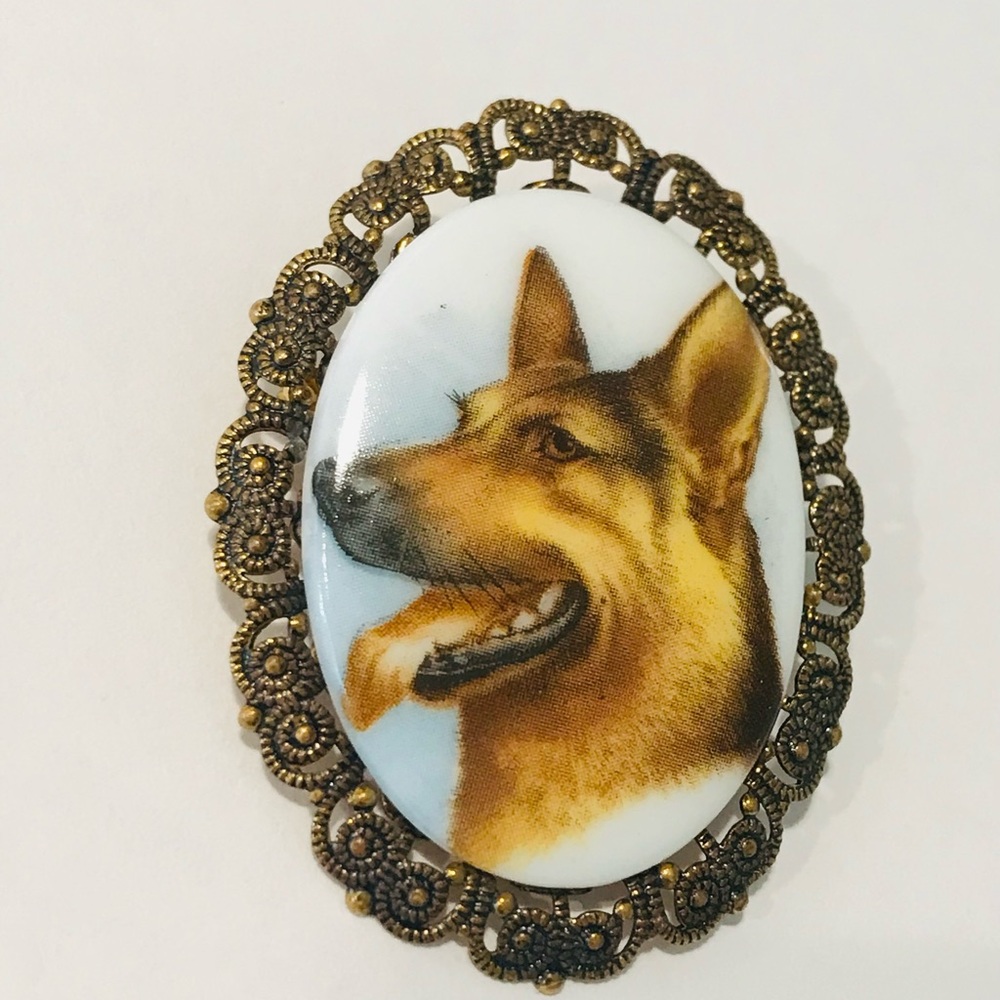 Vtg Porcelain Ornate Brass German Shepard Cameo Brooch Made in Western Germany